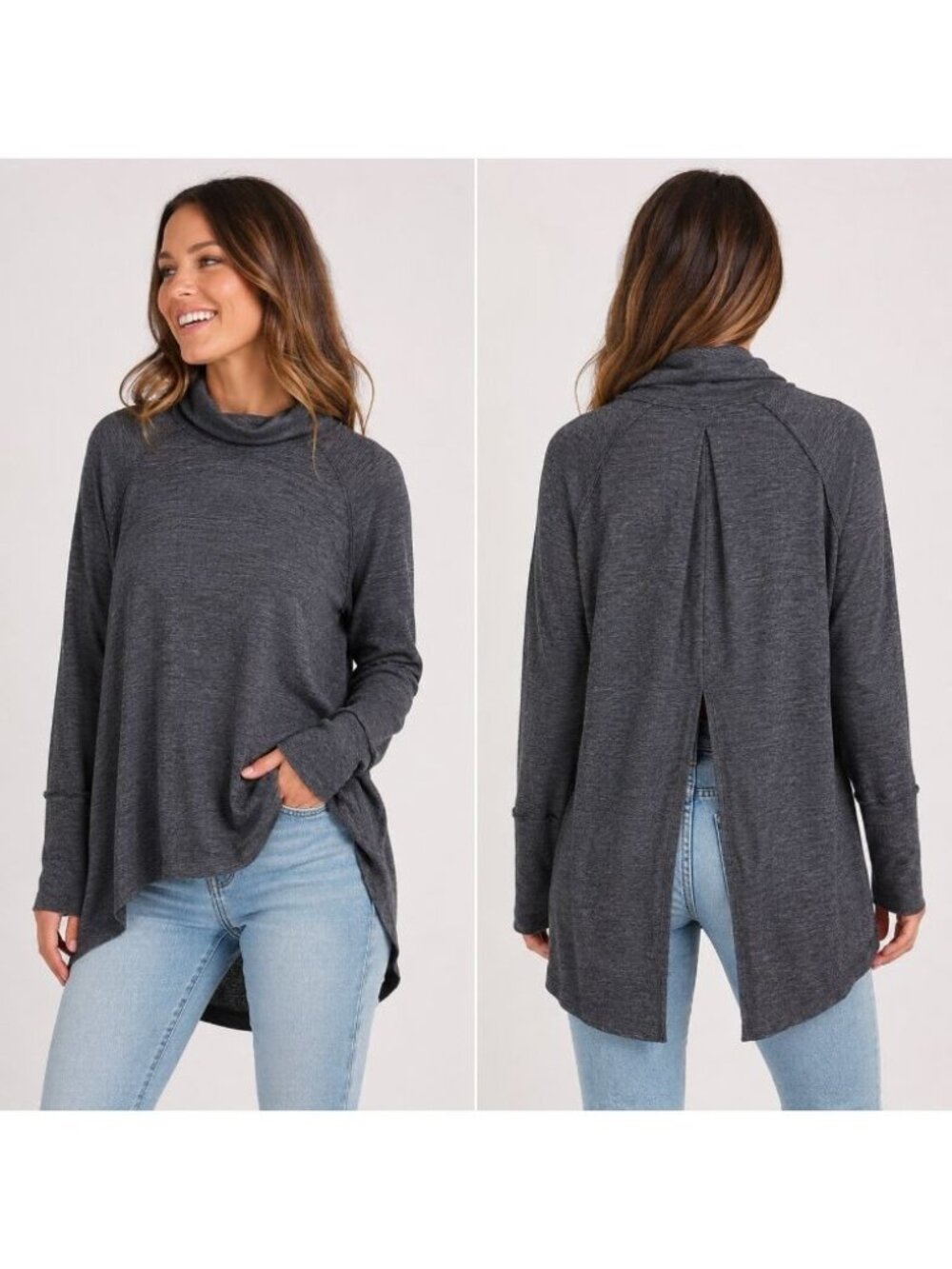 Free People We The Free Split Back Turtleneck Top Women M Charcoal Gray Hi Low